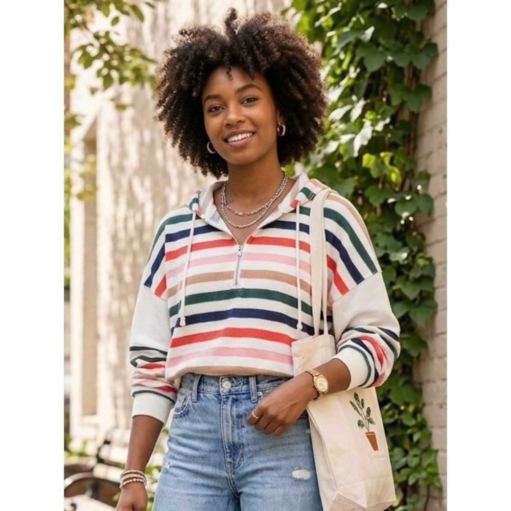Aerie Striped Quarter Zip Hoodie Waffle Knit Cropped Pullover Multi Color Large